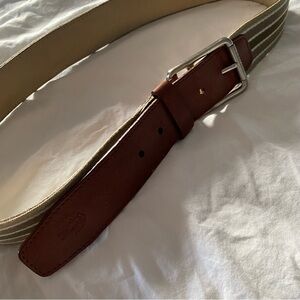 Lacoste men’s belt 34” Brown Leather striped woven preppy office business casual